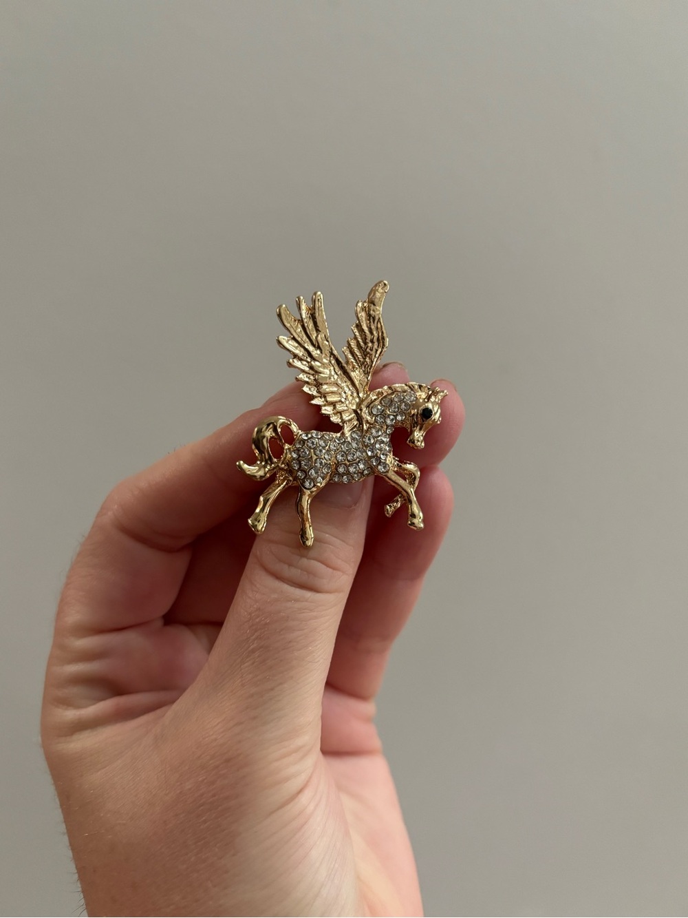 Gold Tone Pegasus Pin Brooch with Clear Crystals